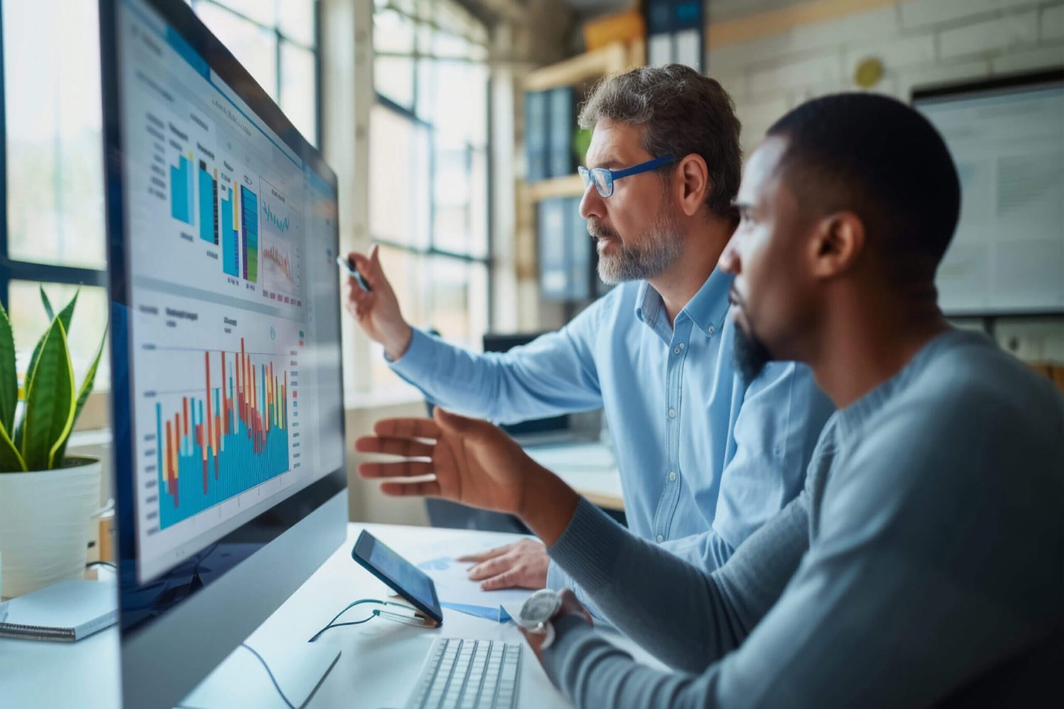 Two advisors reviewing financial dashboards on a large monitor